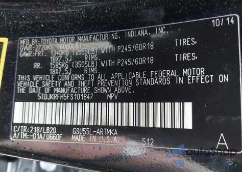 2015 Toyota Highlander Xle V6 z USA, uszkodzony, nr VIN 5TDJKRFH5FS101847